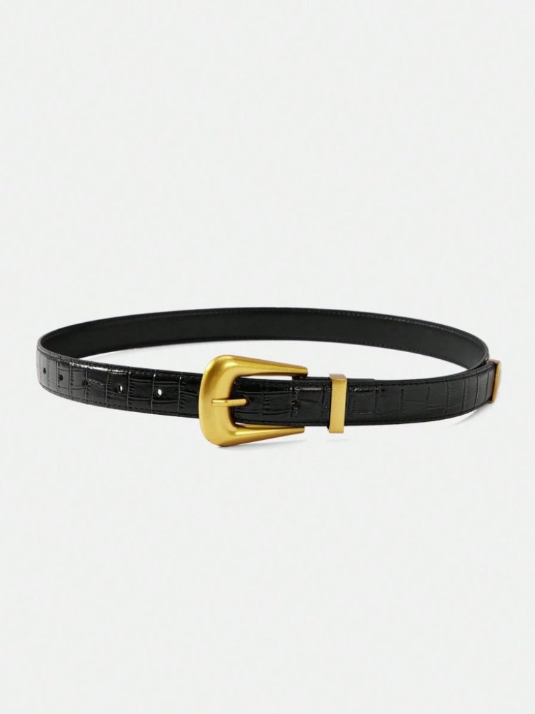 Black Croc-Embossed Faux Leather Belt With Gold Buckle